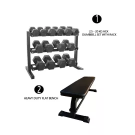 Combo Offer - Hex Dumbbell Set 2.5 Kg to 20 Kg with Dumbbell Rack and Adjustable Bench