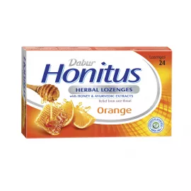 Dabur Honitus Herbal Lozenges | Effective Relief from Cough, Strep Infection & Sore Throat Pain | With Honey, Turmeric, Ginger, Amla | Orange Flavor | 24s