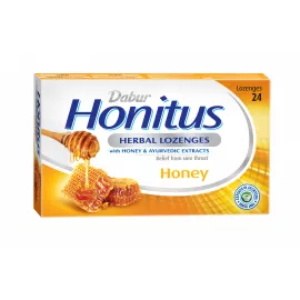 Dabur Honitus Herbal Lozenges | Effective Relief from Cough, Strep Infection & Sore Throat Pain | With Honey, Turmeric, Ginger, Amla | Honey Flavor | 24s