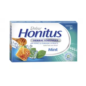 Dabur Honitus Herbal Lozenges | Effective Relief from Cough, Strep Infection & Sore Throat Pain | With Honey, Turmeric, Ginger, Amla | Mint Flavor | 24's
