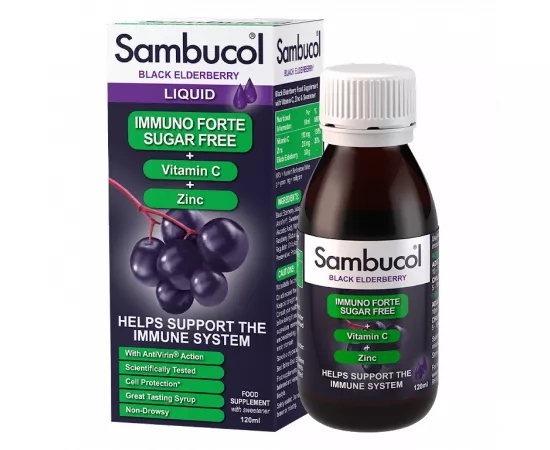 سيرب اميون فورت فيتامين C والزنك الخال من السكر بنكهة البيلسان الأسود من سامبوكول  x 120 مللي