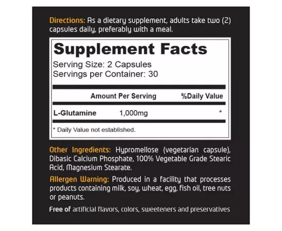 كبسولات إل-جلوتامين بتركيز 1000 مللي جرام لاستشفاء العضلات من ماصل كور 60 