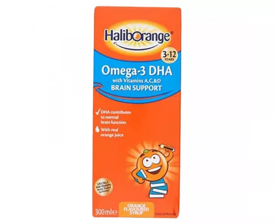سيرب أوميجا-3 DHA لتعزيز صحة الدماغ للأطفال بنكهة البرتقال من هاليبورانج 300 مللي