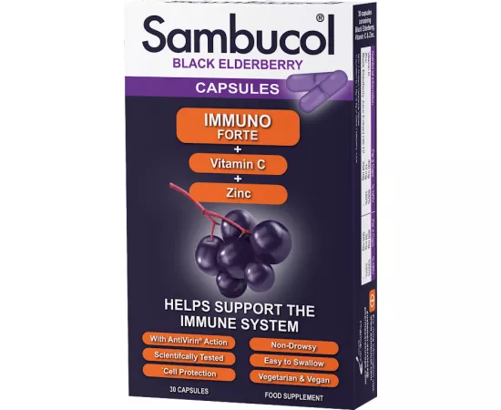 Sambucol Immuno Forte Vitamin C Zinc Black Elderberry Flavour Capsules 30's