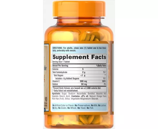 Puritans Pride Chewable Vitamin C 500 mg with Rose Hips Chewable Tablets 90's