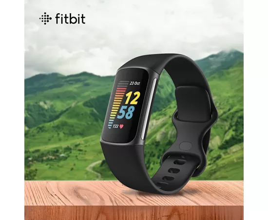 ساعة يد تشارج 5 الذكية المتطورة مع أدوات للقلب، والتوتر باللون الأسود والجرافيت الفولاذي من فيتبيت