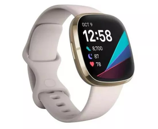 ساعة يد ذكية لصحة القلب، التوتر، وقياس درجة حرارة البشرة بلون أبيض قمري فولاذي و ذهبي خفيف من فيتبيت سينس