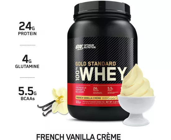 مسحوق بروتين مصل اللبن جولد ستاندرد 100% بنكهة كريمة الفانيليا الفرنسية من أوبتيموم نيوترشن 2 رطل 29 حصة