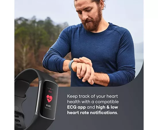 ساعة يد تشارج 5 الذكية المتطورة مع أدوات للقلب، والتوتر باللون الأسود والجرافيت الفولاذي من فيتبيت