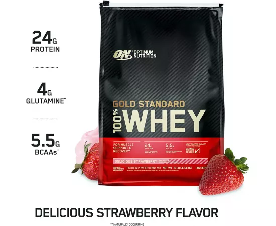بروتين مصل اللبن جولد ستاندرد 100% بنكهة الفراولة اللذيذة من أوبتيموم نيوتريشن - 10 رطل، 146 حصة