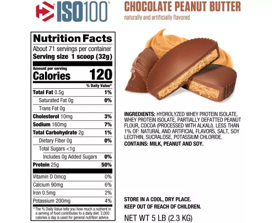Dymatize ISO 100 Whey Protein Powder Chocolate Peanut Butter 5 lbs (2.3 Kg)