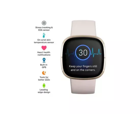 ساعة يد ذكية لصحة القلب، التوتر، وقياس درجة حرارة البشرة بلون أبيض قمري فولاذي و ذهبي خفيف من فيتبيت سينس