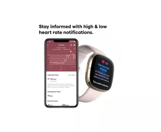ساعة يد ذكية لصحة القلب، التوتر، وقياس درجة حرارة البشرة بلون أبيض قمري فولاذي و ذهبي خفيف من فيتبيت سينس