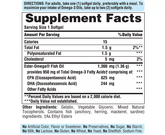  زيت السمك القوة الثلاثية أوميجا 3 بتركيز 1360 مللي جرام ( أوميجا 3 الفعال بتركيز 950 مللي جرام) من بوريتانز برايد 60 علبة