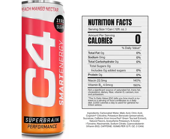 C4 Smart Energy Drink Peach Mango Nectar 16 Oz - 12 Pack