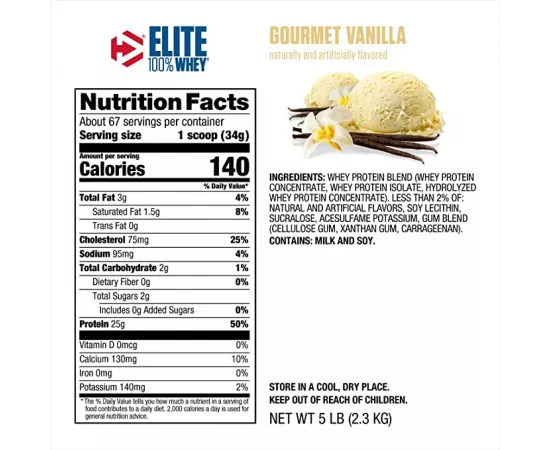 مسحوق بروتين مصل اللبن إليت 100% بنكهة جورميت الفانيليا 5رطل/67 حصة