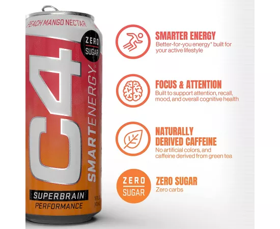 C4 Smart Energy Drink Peach Mango Nectar 16 Oz - 12 Pack