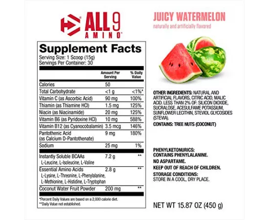 Dymatize All9 Amino, 7.2g of BCAAs, Watermelon, 30 Servings