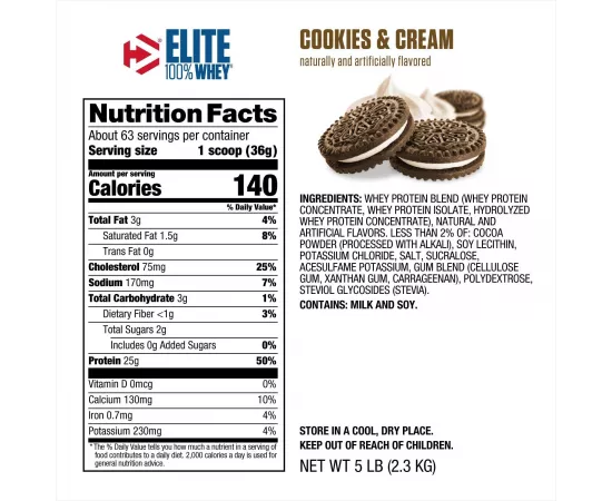 Dymatize Elite Whey 100% Protein Cookie & Cream 5 lbs (2.3 kg)