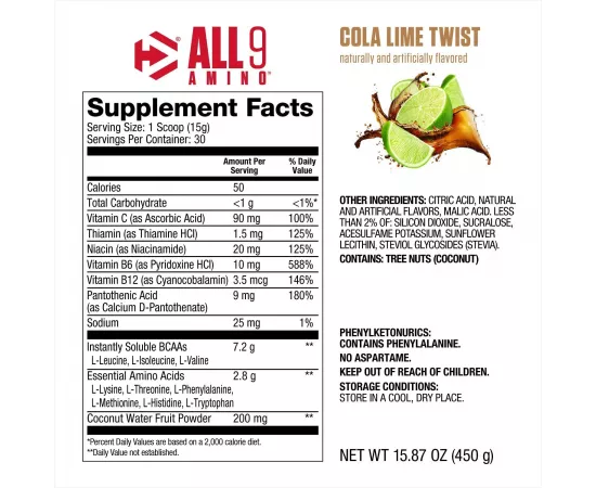 Dymatize All9 Amino, 7.2g of BCAAs, Cola Lime Twist, 30 Servings