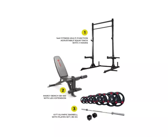 1441 فيتنس عرض كومبو: ماكينة حاملة لتمرين السكوات + بار ٧ أقدام مع مقعد ومجموعة صحون ٨٠ كيلوجرام