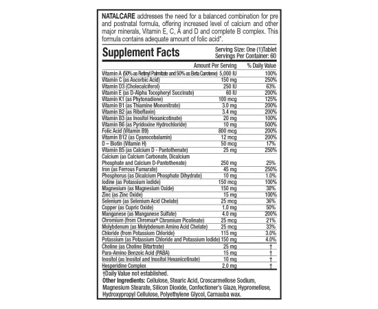 NatalCare Multivitamin & Minerals for Pre & Post Natal care 60 Tablets