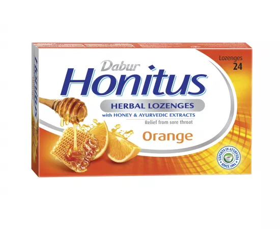 Dabur Honitus Herbal Lozenges | Effective Relief from Cough, Strep Infection & Sore Throat Pain | With Honey, Turmeric, Ginger, Amla | Orange Flavor | 24's