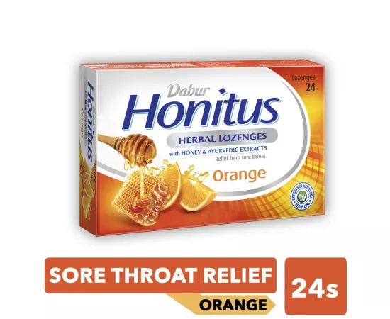 Dabur Honitus Herbal Lozenges | Effective Relief from Cough, Strep Infection & Sore Throat Pain | With Honey, Turmeric, Ginger, Amla | Orange Flavor | 24's