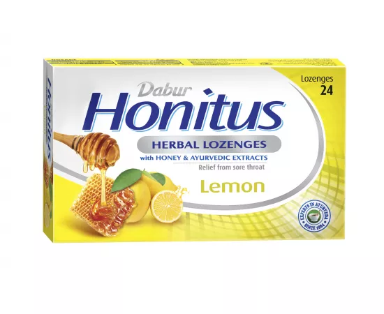 Dabur Honitus Herbal Lozenges | Effective Relief from Cough, Strep Infection & Sore Throat Pain | With Honey, Turmeric, Ginger, Amla | Lemon Flavor | 24s