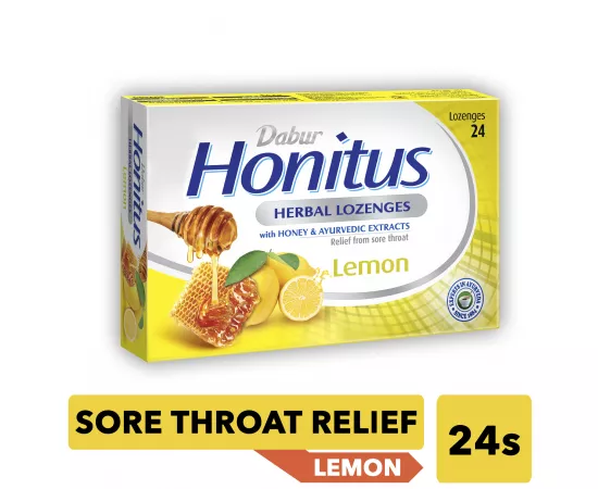 Dabur Honitus Herbal Lozenges | Effective Relief from Cough, Strep Infection & Sore Throat Pain | With Honey, Turmeric, Ginger, Amla | Lemon Flavor | 24s