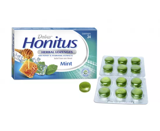 Dabur Honitus Herbal Lozenges | Effective Relief from Cough, Strep Infection & Sore Throat Pain | With Honey, Turmeric, Ginger, Amla | Mint Flavor | 24's