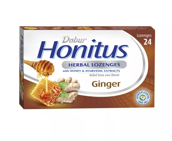 Dabur Honitus Herbal Lozenges | Effective Relief from Cough, Strep Infection & Sore Throat Pain | With Honey, Turmeric, Ginger, Amla | Ginger Flavor | 24's