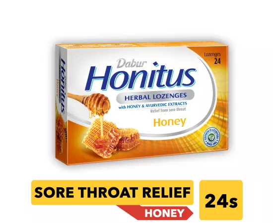 Dabur Honitus Herbal Lozenges | Effective Relief from Cough, Strep Infection & Sore Throat Pain | With Honey, Turmeric, Ginger, Amla | Honey Flavor | 24s