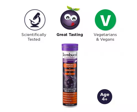 أقراص إميون فورت فيتامين C وزنك الفوارة بنكهة البيلسان الأسود من سامبوكول 15's