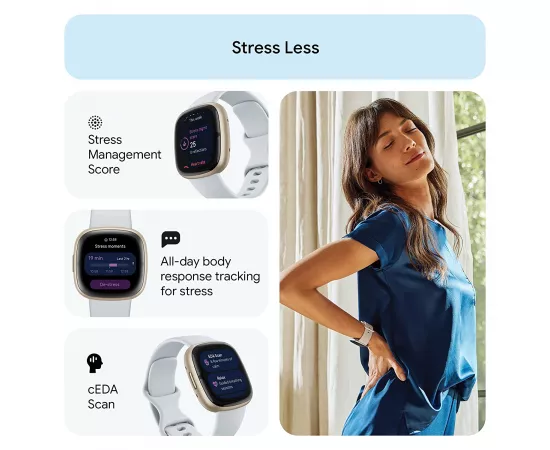 فيتبيت سنس 2 - ساعة هيلث فيتنس هيكل ألمينيوم - لون أزرق / ذهبي ناعم