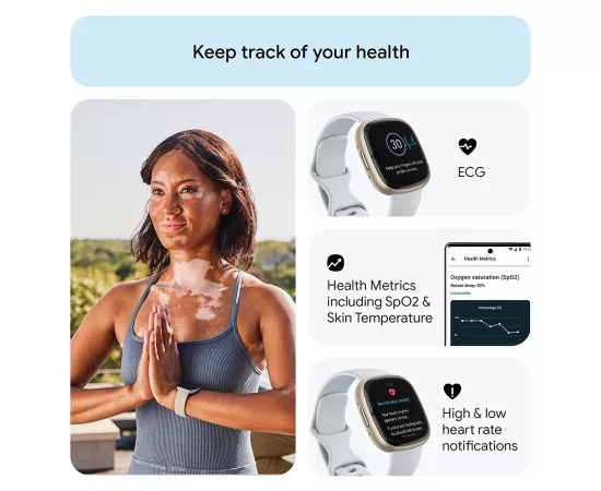 فيتبيت سنس 2 - ساعة هيلث فيتنس هيكل ألمينيوم - لون أزرق / ذهبي ناعم