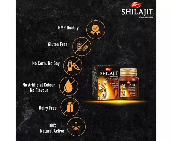 Dabur Shilajit Capsules |Increases Strength, Stamina & Power|Improves Muscle Strength & Repair|Supports Body Building|Natural Fulvic Acid|Immunity | 30's